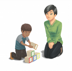 Illustration of an African-American child playing with blocks, while an Asian-American woman kneels next to him and watches.