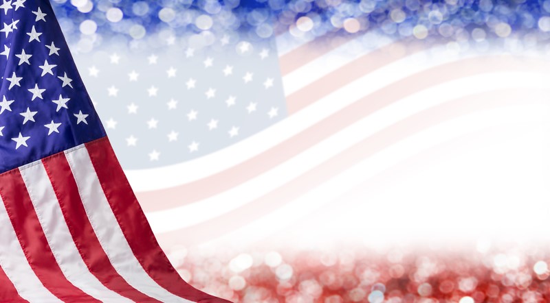 Graphic of the American flag with a glittery blue effect at the top and a glittery red effect at the bottom.