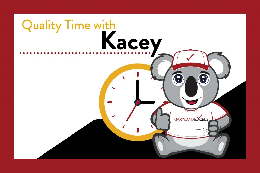 Quality Time with Kacey, image of a koala wearing a Maryland EXCELS T-shirt, sitting in front of a clock