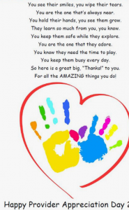 A poem for Provider Appreciation Day with two handprints inside a heart. 