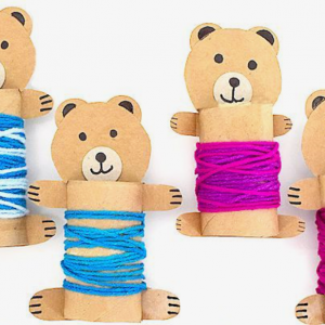 Bears made out of cardboard, paper towel rolls, and yarn