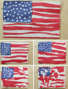 Five examples of an American flag mad from red, white, and blue construction paper
