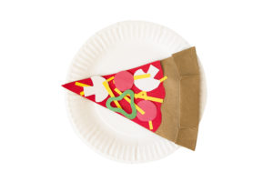 A craft made out of colored paper and made to look like a slice of pizza on a paper plate