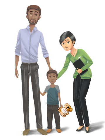 Illustration of African-American father with his hand on a child's head, while an Asian woman, a child care provider, leans over him and smiles.
