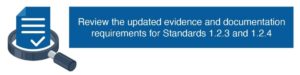 Magnifying glass image with "Review the updated evidence and documentation requirements for Standards 1.2.3 and 1.2.4" banner