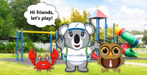 Kacey is on a playground with a crab and an owl saying "Hi friends, let's play!"